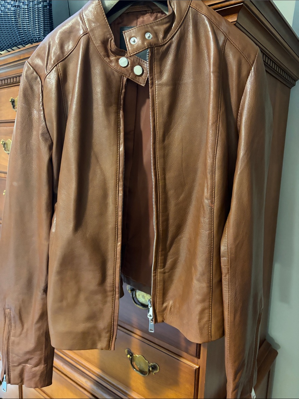 Mango Women's Brown Leather Zip-Front Jacket